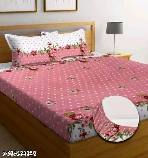 Attractive floral cotton fitted bedsheet with 2 pillow covers, fits up to 8-inch mattress - Vishal Traders