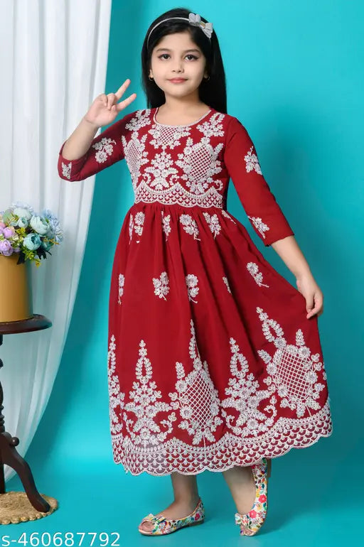 Polyester embroidered net ethnic kids' gown, vibrant traditional Indian attire for 6-12 year olds