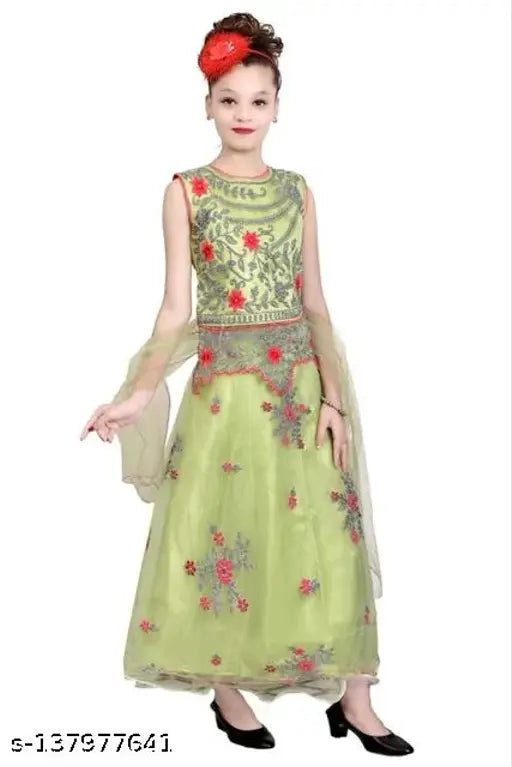 Green and gold embroidery sleeveless long dress with a flower design on the chest area
