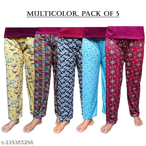 A set of women's multi-colored pyjama pants, 5 pieces in the image, various colors