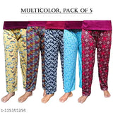 A set of women's multi-colored pyjama pants, 5 pieces in the image, various colors