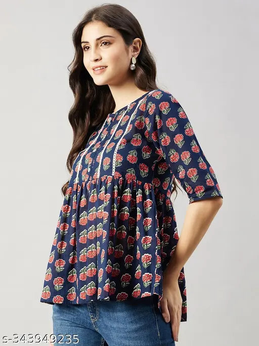 Blue floral print yoke lace top in wine red, cotton three-quarter sleeve, women's fashion