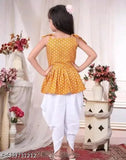 Yellow crepe dhoti and top, printed top with solid bottom, traditional Indian attire for kids aged 3-4 and 11-12 years