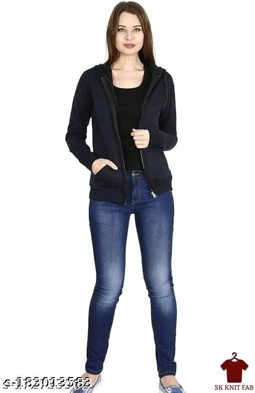 Fleece hoodie jacket, solid color, long sleeves, size S (34in bust, 24in length), made in India