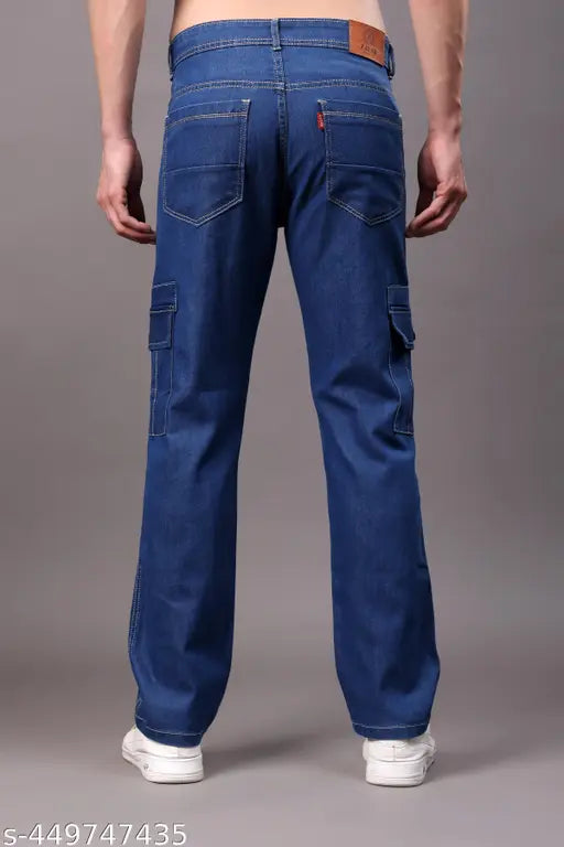 Blue denim cargo pants with six pockets, designed for men