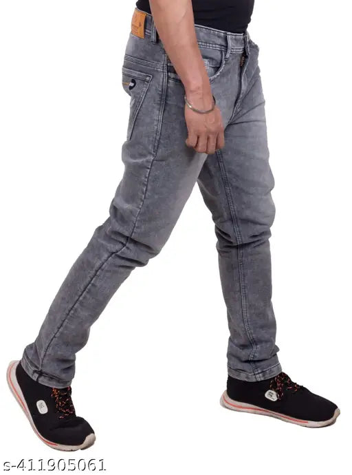 Grey knitted full-length cotton jeans for men - comfortable party/casual wear, size 28, 30, 34, 36