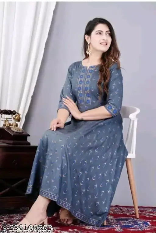 Rayon Anarkali printed kurta, three-quarter sleeve, vibrant Indian fashion on mannequin (S: Bust 36in)