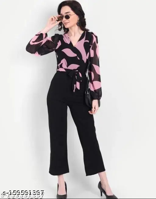 Printed Georgette long sleeve jumpsuit for women, trendy fashion outfit on mannequin
