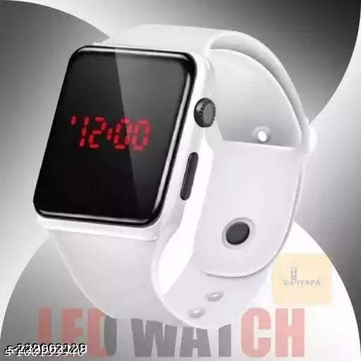 White digital watch with LED display and adjustable band