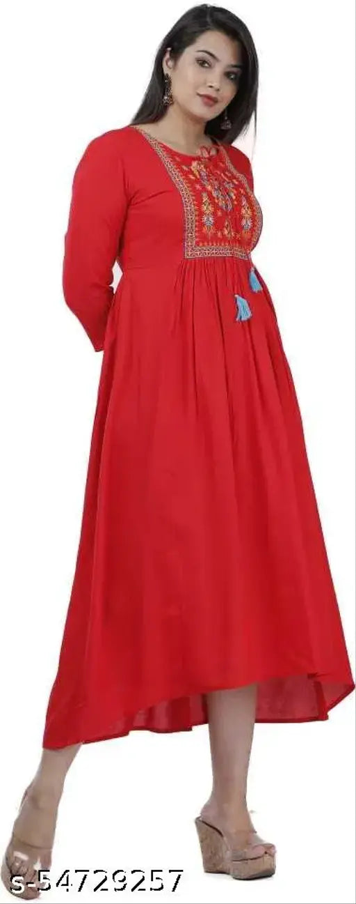 Long, embroidered red rayon anarkali kurta with kameez