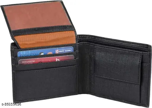 Modern faux leather bi-fold wallet, solid black color, ample compartments for cards, coins, and bills. Perfect for men's daily use and suitable for various outfits. Handcrafted in India