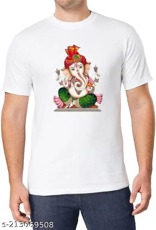 Polyester short-sleeve Ganesh printed t-shirt, vibrant Indian design for S, M, L, XL, XXL sizes