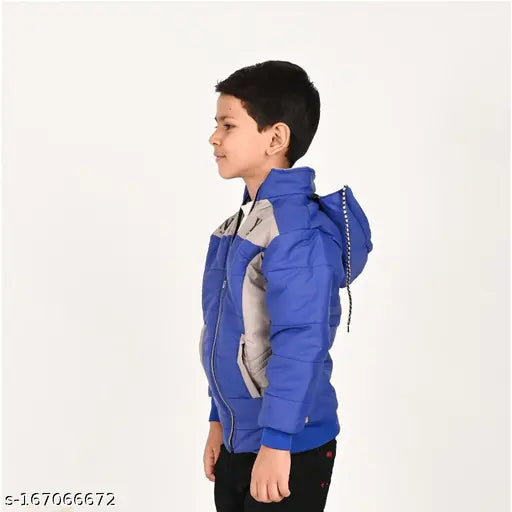 Boy in a blue and gray hooded jacket with drawstrings