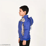 Boy in a blue and gray hooded jacket with drawstrings
