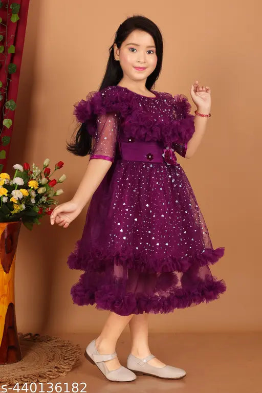 Purple floral lace dress for young girls