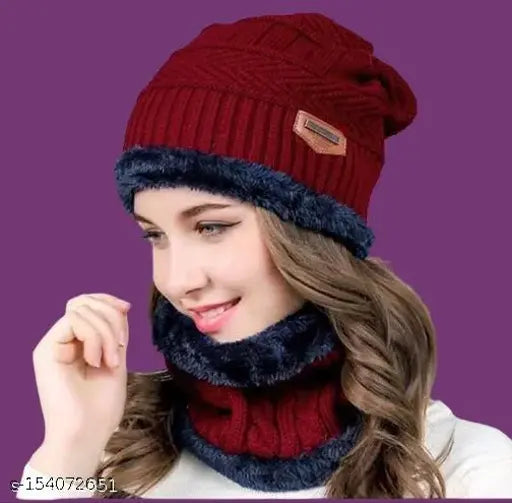 Woman wearing knitted hat with marvin stripes and ear flap