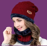 Woman wearing knitted hat with marvin stripes and ear flap