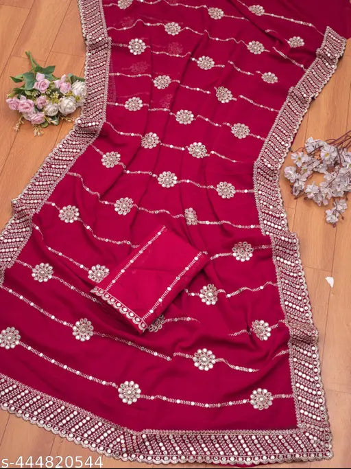 Maroon sari with sequin embroidery, 9mm border, matching pallu