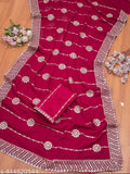 Maroon sari with sequin embroidery, 9mm border, matching pallu