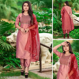 Art Silk embroidered kurta set with pant and dupatta, three-quarter sleeves, round neck, side slit. India-made, soft silk blend materials. Sizes: S-XXL, pair for party wear