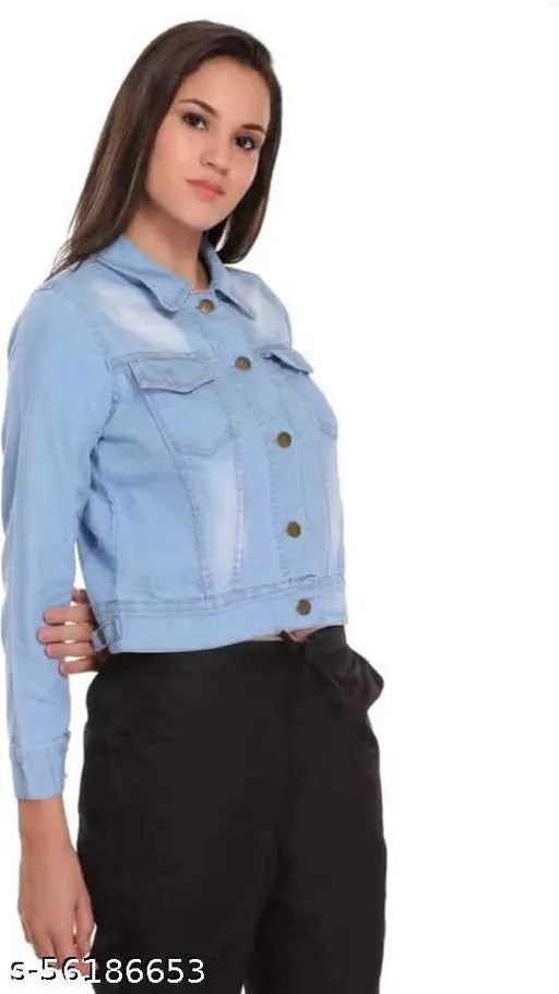 Trendy denim jacket, dyed/washed, three-quarter sleeves. Women's denim Lycra jacket, very comfortable and good quality. Available in sizes S, M, L, made in India