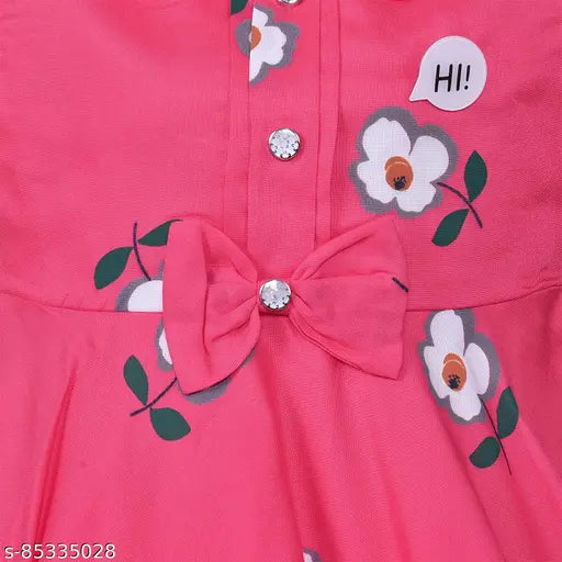 Pink cotton frock, girls' dress with floral bow