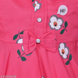 Pink cotton frock, girls' dress with floral bow