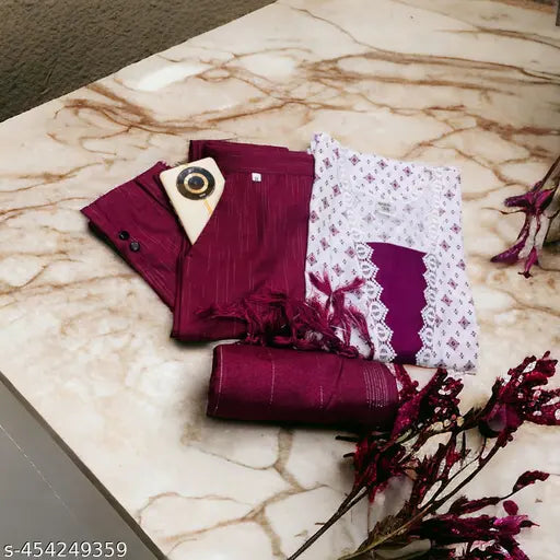 Designer Women kurti set, including maroon embroidered kurta, white pajama set, pink dupatta, and beige scarf