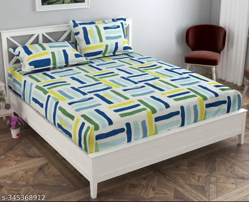 Luxury trends, premium cotton elastic king size fitted bedsheet with 2 pillow covers | superfine, geometric pattern, summer season | ideal for adult use, country of origin: India
