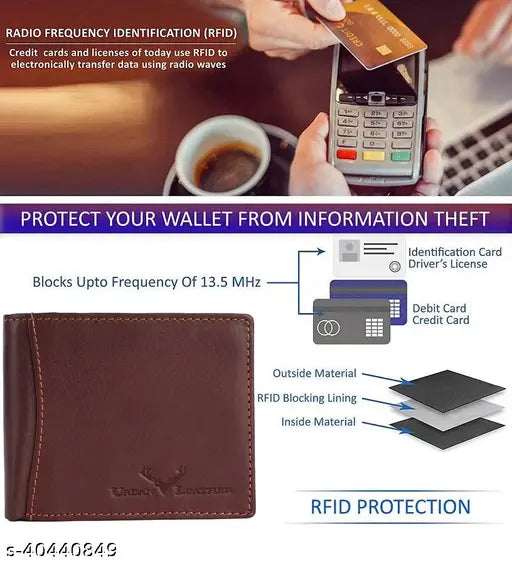 Brown Leather Bi-Fold Wallet, 100% Genuine Top Grain Leather, 2 compartments, RFID Protection, Urban Leather