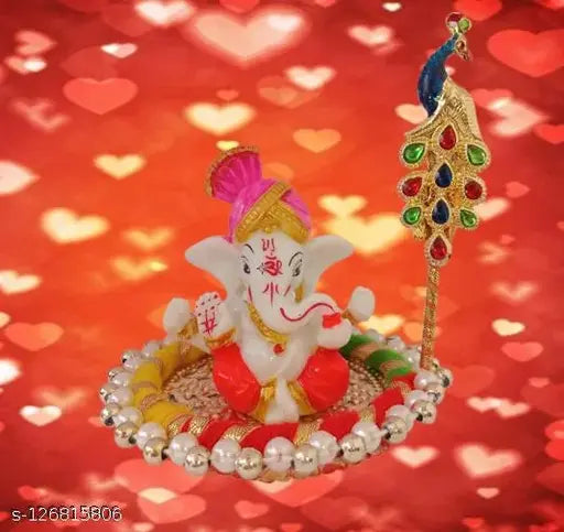 Gold-plated poly resin Ganesha statuette, decorative car dashboard idol, Diwali and birthday gift, features a golden plate and free Tilak stick