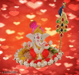Gold-plated poly resin Ganesha statuette, decorative car dashboard idol, Diwali and birthday gift, features a golden plate and free Tilak stick