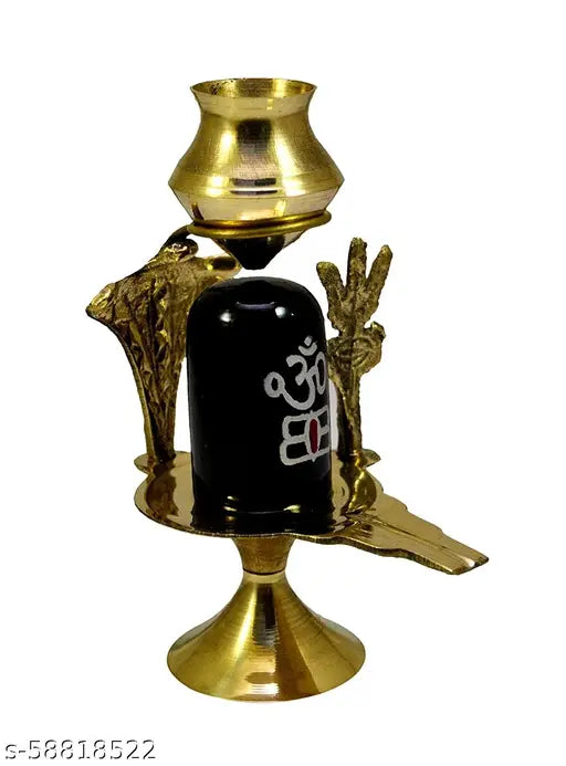 Brass Shivling, intricately crafted Hindu deity statue for home pooja, India origin