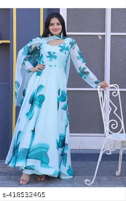 Women's printed Georgette gown with dupatta, long sleeves and soft cotton fabric for summer, stylish party wear in various sizes from S to XXL