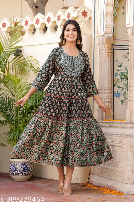 Green rayon printed embroidered flared anarkali gown kurta for women, three-quarter sleeves, size M (bust 38in, length 50in)