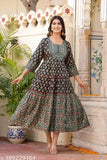 Green rayon printed embroidered flared anarkali gown kurta for women, three-quarter sleeves, size M (bust 38in, length 50in)