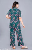 Teal blue printed rayon night suit set for women, high-quality Indian-made pyjamas with short sleeves and matching top and bottom
