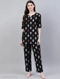 Black and white printed rayon night suit, ASN Women's pyjamas with three-quarter sleeves, India-origin fashion essential for sleepwear