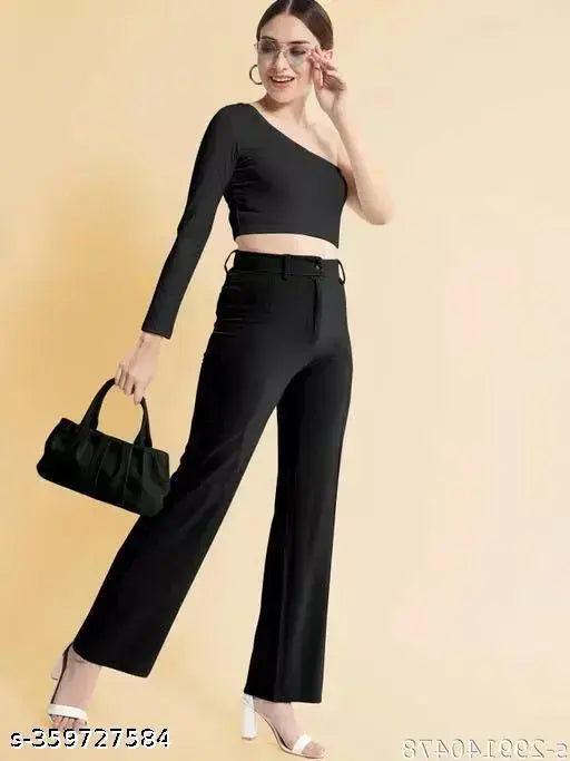 Women's fashion solid bell bottom black trousers pants with side pockets