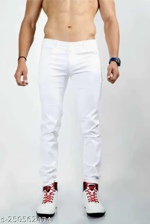 Cotton blend plain white jeans, featuring flaying men design. Solid white denim, size options: 28, 30, 32, 34, 36 (inseam 41 inches). Made in India