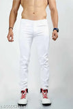 Cotton blend plain white jeans, featuring flaying men design. Solid white denim, size options: 28, 30, 32, 34, 36 (inseam 41 inches). Made in India