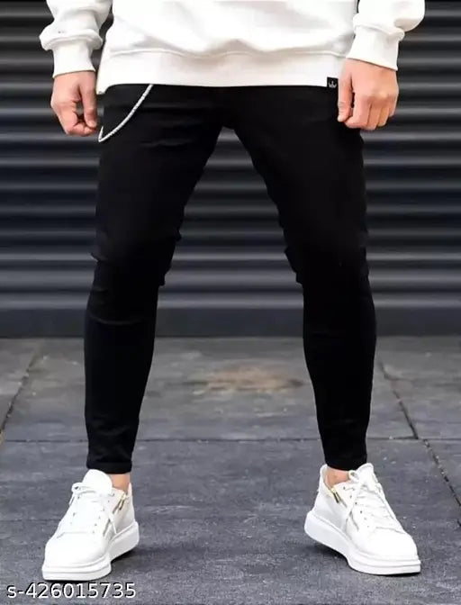 Black denim slim fit men's jeans by RusticBlooms. Comfortable, versatile, and durable. Perfect for casual or dressed-up occasions." (108 characters)