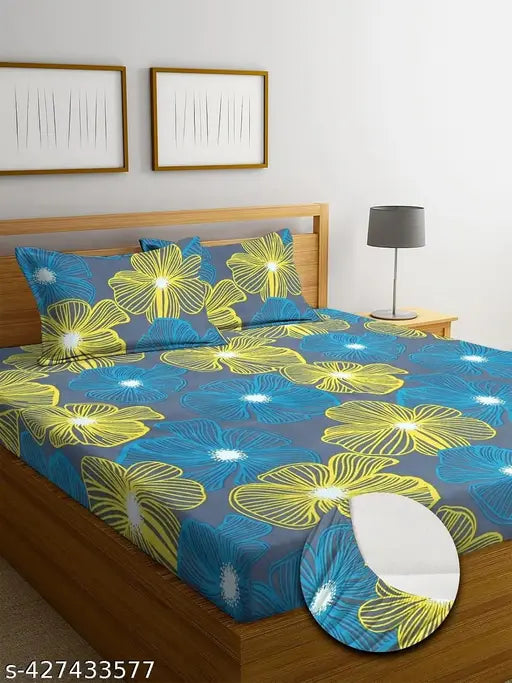 HOMICON premium cotton, botanical-themed fitted king bedsheets with elastic & 2 pillow covers. Super soft (250 TC), ideal for summer, double bed size - 72"x78+10