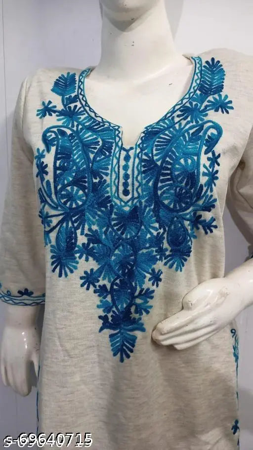 Camellia blue and light grey embroidered woolen kurti for women