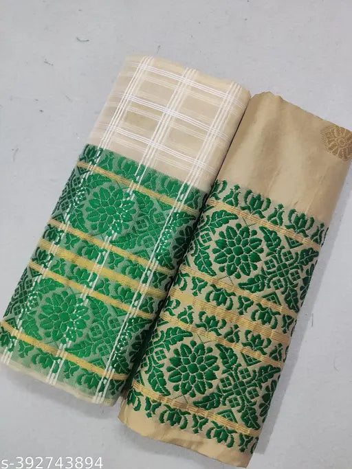 Chiffon-chic Assamese kacha pat mekhla sador, free size, traditional Indian attire with jacquard net blouse and woven design