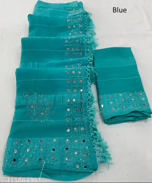 Blue chiffon Dori saree with matching chiffon running blouse, embroidered design, free size, India-made