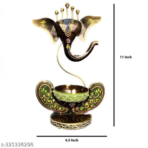 Metal painted Ganesha idol showpiece, intricately crafted iron art piece for spiritual home decor, 6"L x 11"H x 3"B