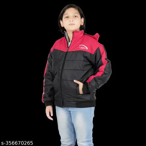 Red and black padded child's jacket with zip closure