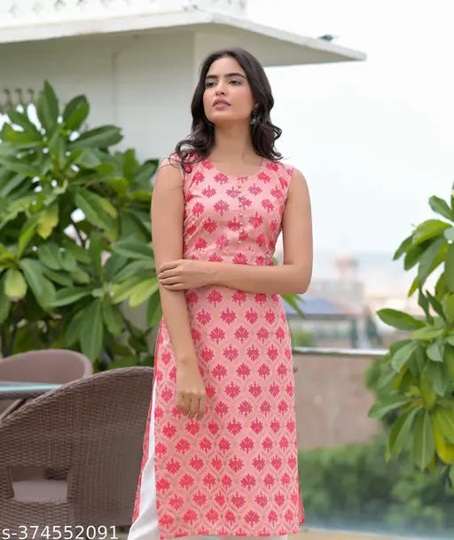 Pink rayon sleeveless round neck straight kurta, printed design on women & girls, India origin