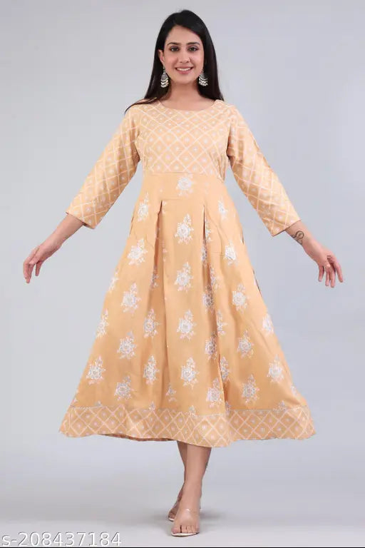 Cream cotton knee-length tunic dress with flared sleeves